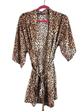 Cassandra Intimates Leopard Print Satin Kimono Robe With Tie-Belt S/M